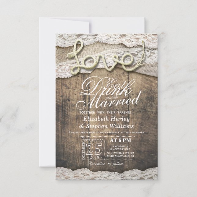 Invitación Rústico País Lace Comer Bebida Estar Casado Boda (Anverso)