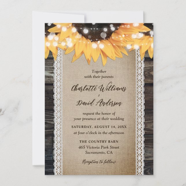 Invitación Rústico País Madera Burlap Lace Boda de girasol (Anverso)