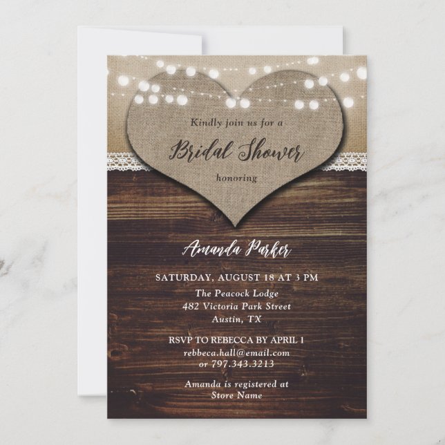 Invitación Rústico País Madera Burlap Lace Bridal Shower (Anverso)