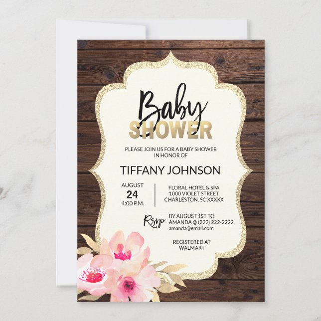 Invitación Rústico País Madera Floral Oro Rosa Baby Shower (Anverso)
