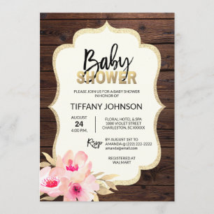 Invitación Rústico País Madera Floral Oro Rosa Baby Shower