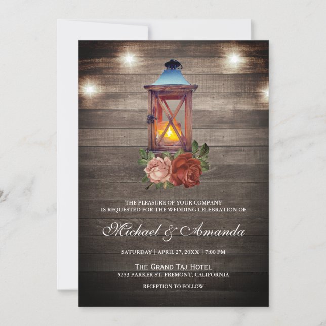 Invitación Rústico País Madera Ilumina Boda Floral Linterna (Anverso)