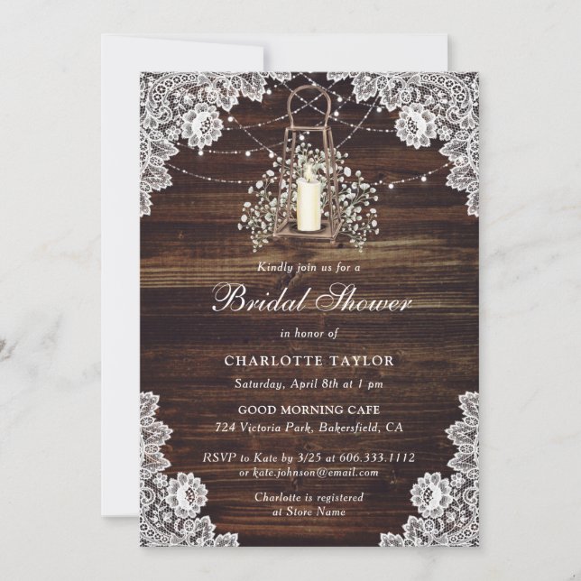 Invitación Rústico País Madera Lace Floral Bridal Ducha (Anverso)