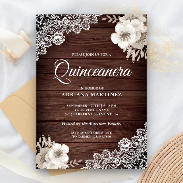 Invitación Rústico País Madera Lace Marfil Floral Quinceanera (Subido por el creador)