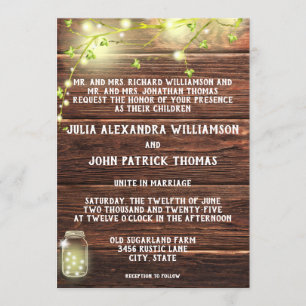 Invitación Rústico País Madera Mason String Luces Boda