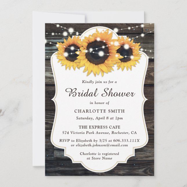 Invitación Rústico País Madera Sunflower Bridal Shower (Anverso)