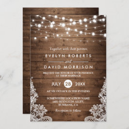 Invitación Rústico País Madera Twinkle Luces Boda de encaje