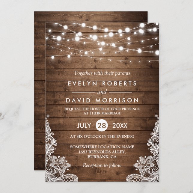 Invitación Rústico País Madera Twinkle Luces Boda de encaje (Anverso / Reverso)