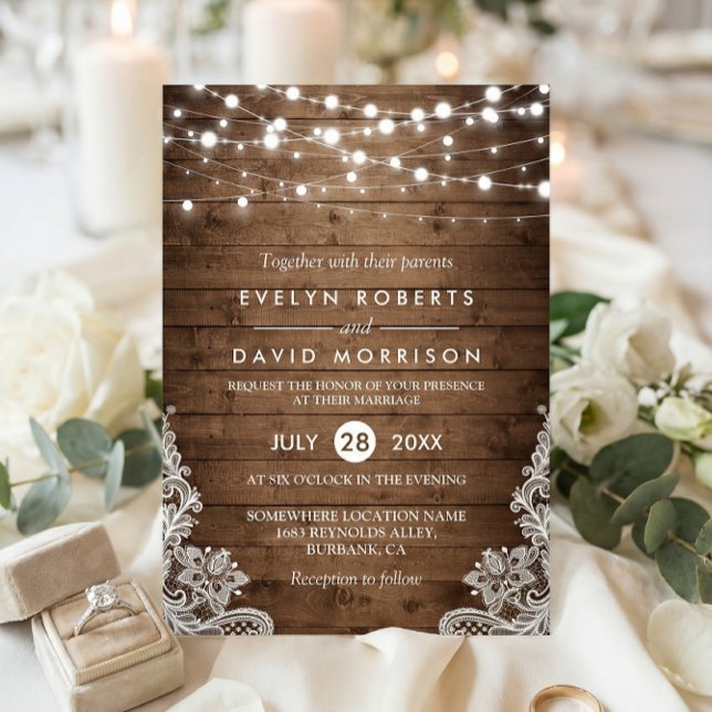Invitación Rústico País Madera Twinkle Luces Boda de encaje (Subido por el creador)
