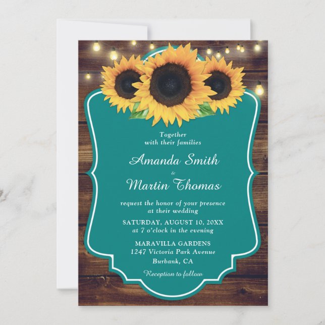 Invitación Rústico País Madera Verde azulado Boda de girasol (Anverso)