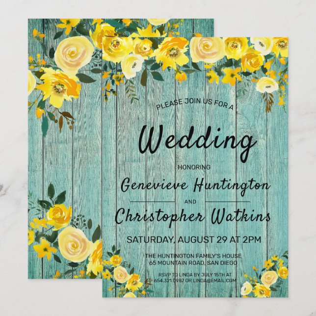 Invitación Rústico País Maderero Boda floral amarillo al aire (Anverso / Reverso)