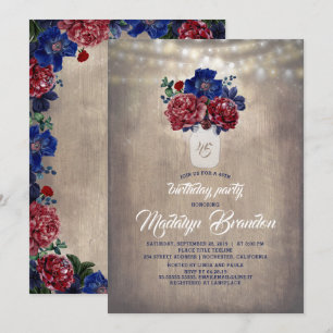 Invitación Rústico País Mason Jar Burgundy Cumpleaños Floral