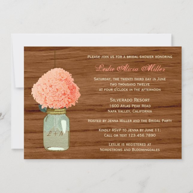 Invitación Rústico País Mason Jar Coral Oscuro Ducha Bridal (Anverso)