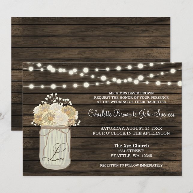 Invitación Rústico País Mason Jar Daisy Barn Wood Boda (Anverso / Reverso)