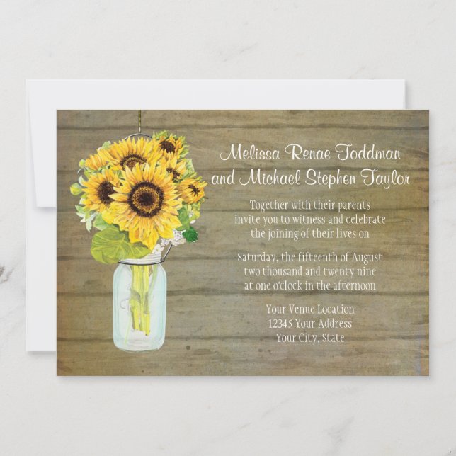 Invitación Rústico País Mason Jar Flores Sunflower Colgando (Anverso)