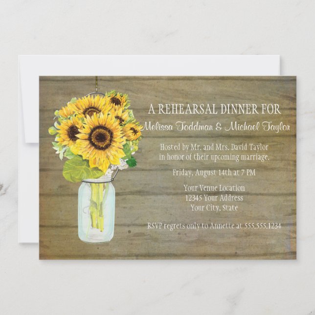 Invitación Rústico País Mason Jar Flores Sunflower Colgando (Anverso)