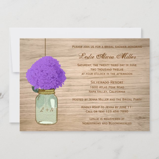 Invitación Rústico País Mason Jar Hydrangea Ducha Bridal (Anverso)