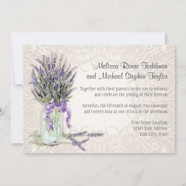 Invitación Rústico país Mason Jar Lace y Floral de lavanda (Anverso)