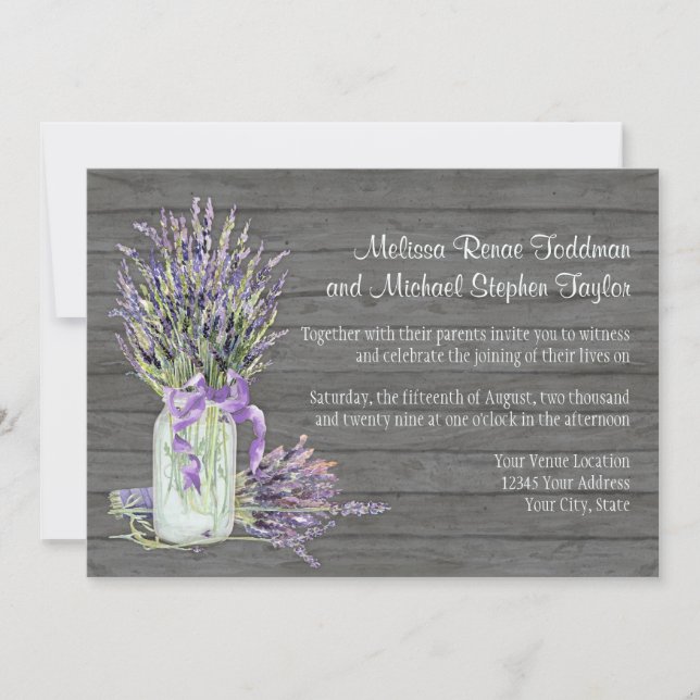 Invitación Rústico país Mason Jar Lace y Floral de lavanda (Anverso)