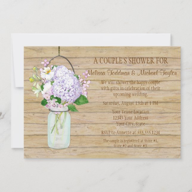 Invitación Rústico País Mason Jar Lavender Floral Hydrangea (Anverso)