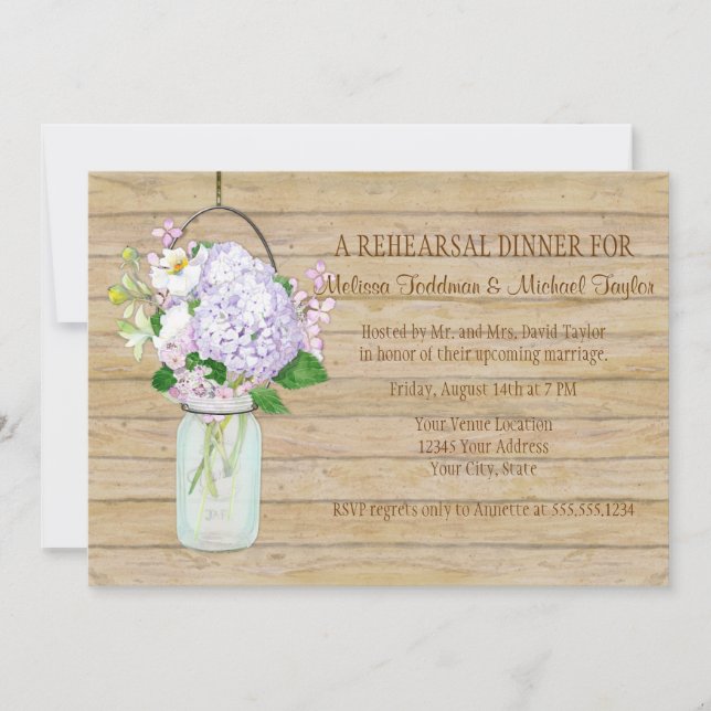 Invitación Rústico País Mason Jar Lavender Floral Hydrangea (Anverso)