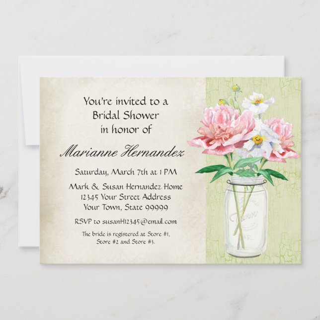 Invitación Rústico país Mason Jar Peony Poppy Bouquet Pink (Anverso)