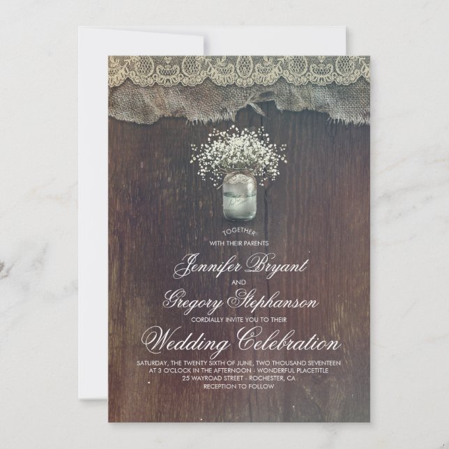 Invitación Rústico país, Mason Jar, y Boda de la respiración  (Anverso)