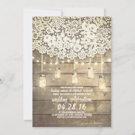 Invitación Rústico País Mason Jars Luces Lace Wood Boda