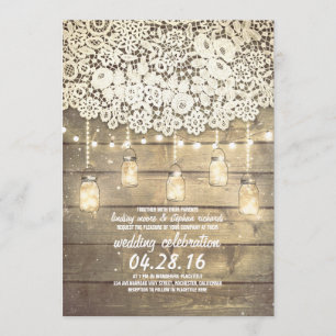 Invitación Rústico País Mason Jars Luces Lace Wood Boda