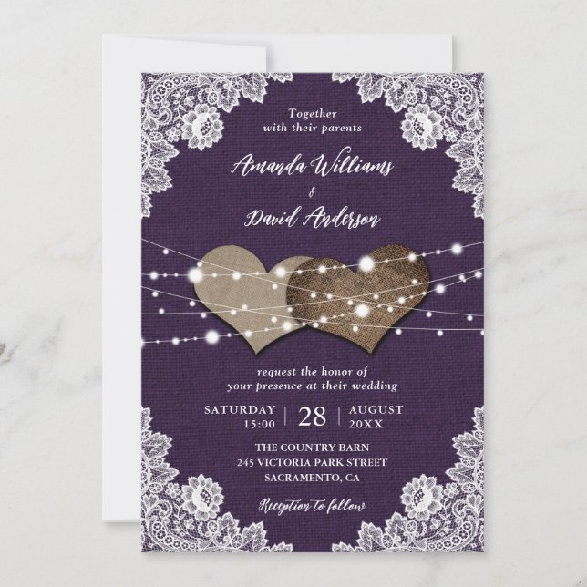 Invitación Rústico País Morado Burlap Boda (Anverso)