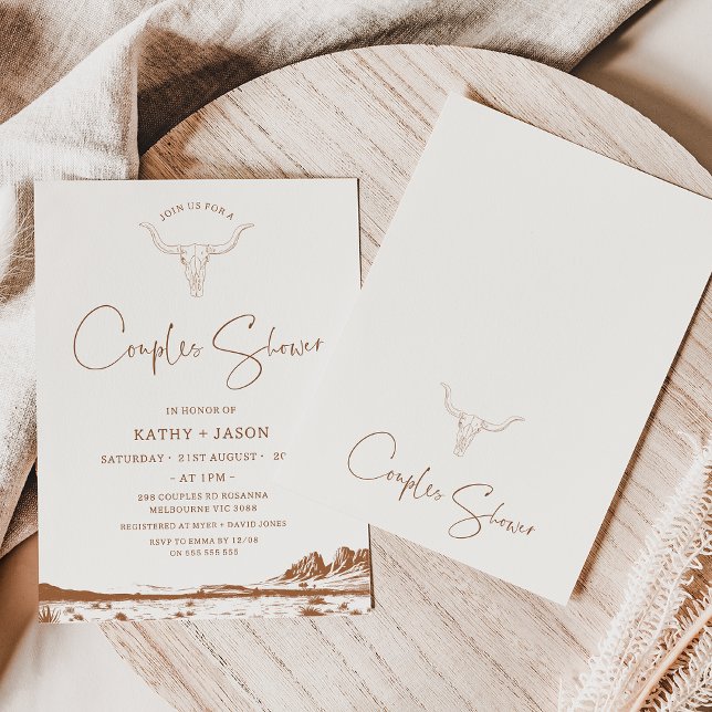 Invitación Rústico País Occidental: Las parejas de rodeo duer (Western Couple Shower Invitation, Wedding Country Couples Shower Invitation, Wild West Skull Rustic)