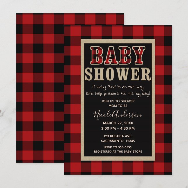 Invitación Rústico País Rojo Búfalo Negro Jugado Baby Shower (Anverso / Reverso)