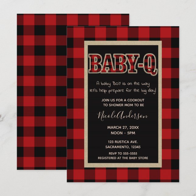 Invitación Rústico País Rojo Búfalo Tocado BABY Q BBQ Shower (Anverso / Reverso)