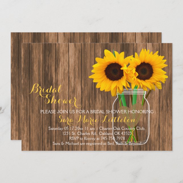 Invitación Rústico País Sunflower Mason Jar Bridal Shower (Anverso / Reverso)