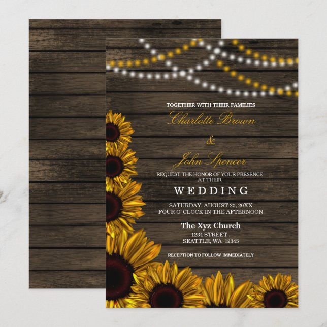 Invitación Rústico País Sunflowers Barn Wood Boda (Anverso / Reverso)