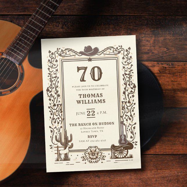 Invitación Rústico País Vaquero Marco Occidental 70 cumpleaño (birthday invitation for men country western barn backyard rustic elegant botanical cactus horse)