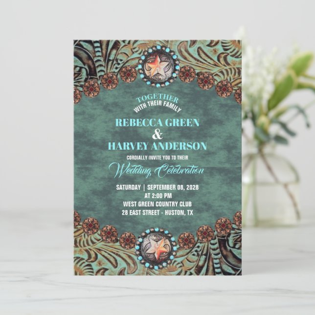 Invitación Rústico País Vaquero Verde azulado Boda de Caballo (Anverso de pie)