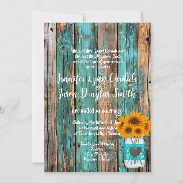 Invitación Rústico País Verde azulado Barn Wood Sunflower Mas (Anverso)