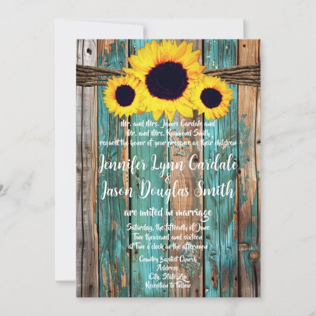 Invitación Rústico País Verde azulado Boda de girasol de made (Anverso)