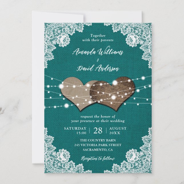 Invitación Rústico País Verde azulado Burlap Lace Boda (Anverso)