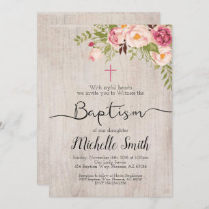 Invitación Rústico País Vintage Floral Script Boho Baptismo