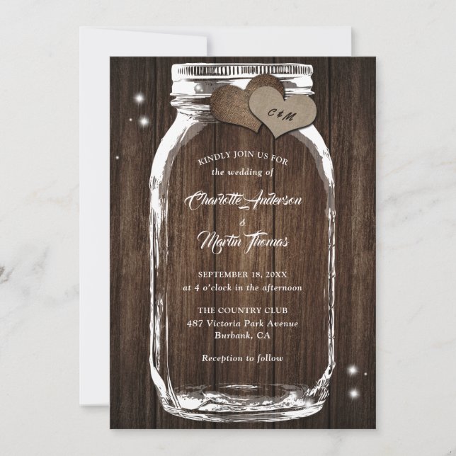 Invitación Rústico País Wood Burlap Heart Mason Jar Boda (Anverso)