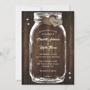 Invitación Rústico País Wood Burlap Heart Mason Jar Boda