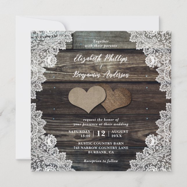 Invitación Rústico País Wood Lace Burlap Hearts Boda (Anverso)