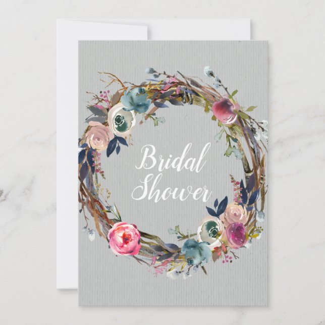 Invitación Rústico Palo Floral Wreath Moderno Ducha Bridal (Anverso)
