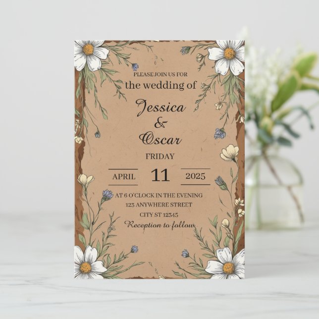 Invitación Rústico papel Kraft con Boda de flores silvestres (Anverso de pie)
