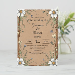Invitación Rústico papel Kraft con Boda de flores silvestres
