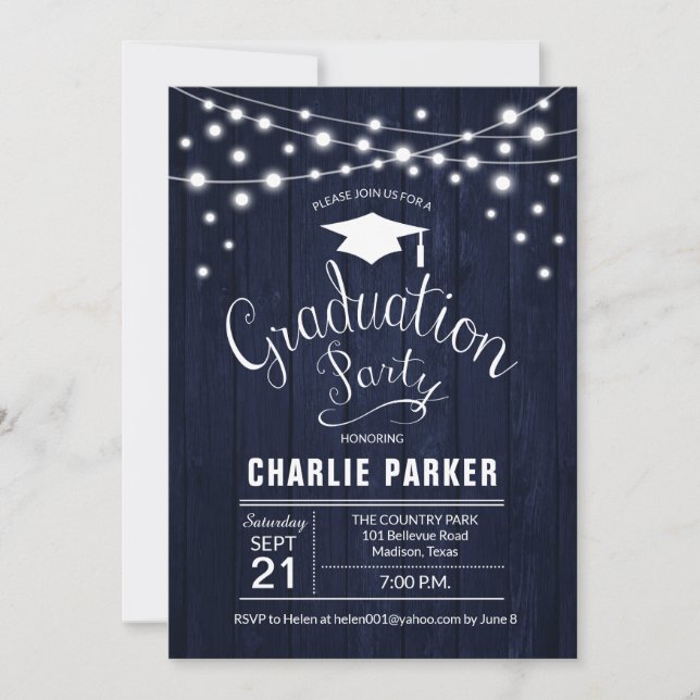 Invitación Rústico Partido de Graduación Navy Patrón de Mader (Anverso)