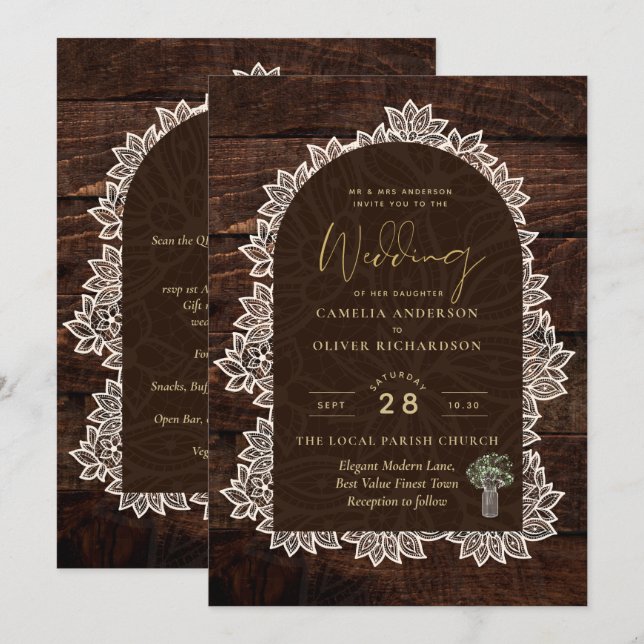 Invitación Rústico patio trasero Woodland Boda Wood Lace (Anverso / Reverso)
