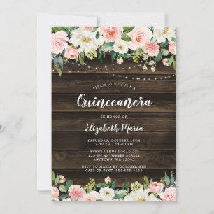 Invitación Rústico Pellizque Floral Rosa Quinceanera